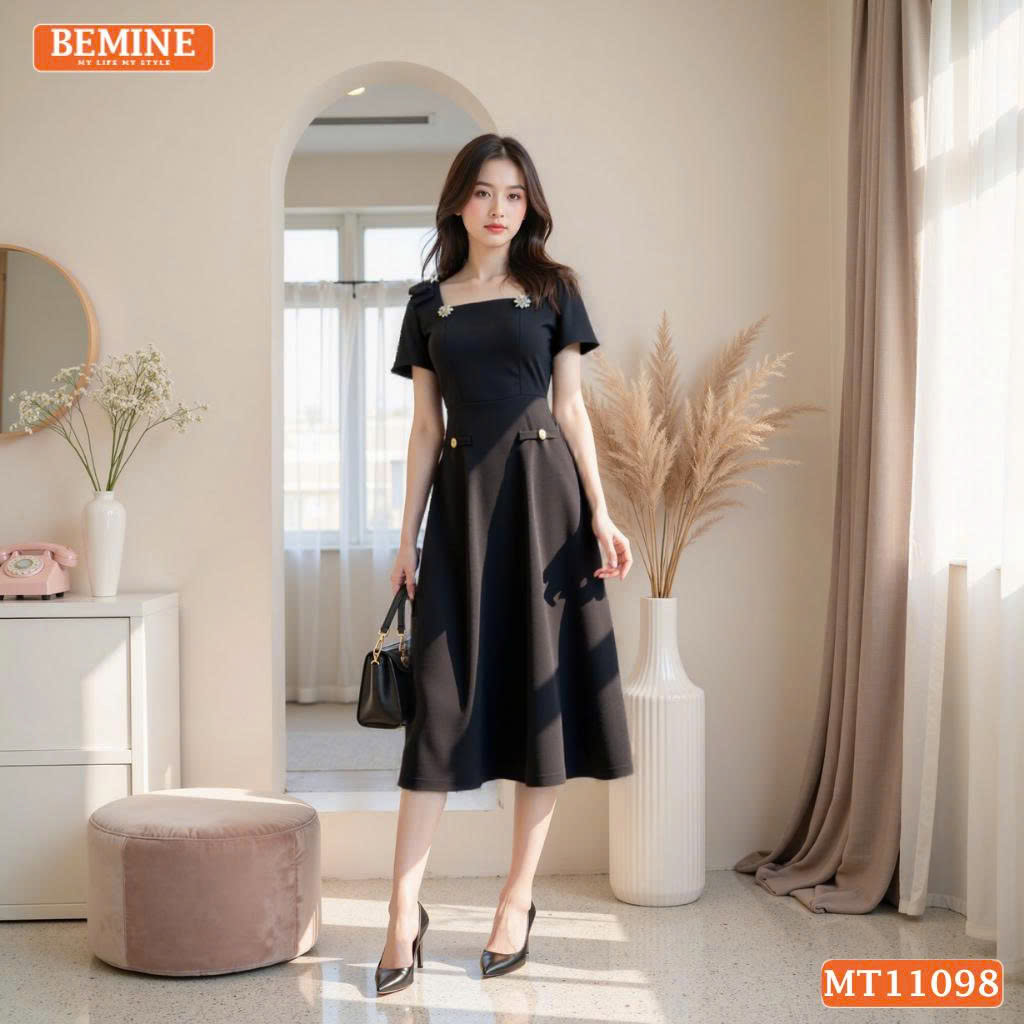 Đầm Thiết Kế BEMINE Cổ Vuông Nơ Vai MT11098