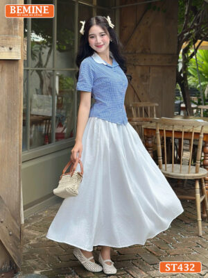 Set BEMINE áo cổ sen đính cúc chân váy xòe ST432