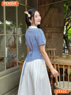 Set BEMINE áo cổ sen đính cúc chân váy xòe ST432
