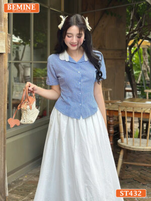 Set BEMINE áo cổ sen đính cúc chân váy xòe ST432