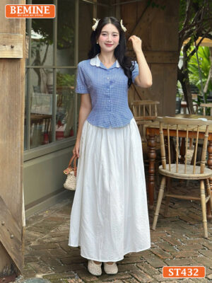 Set BEMINE áo cổ sen đính cúc chân váy xòe ST432