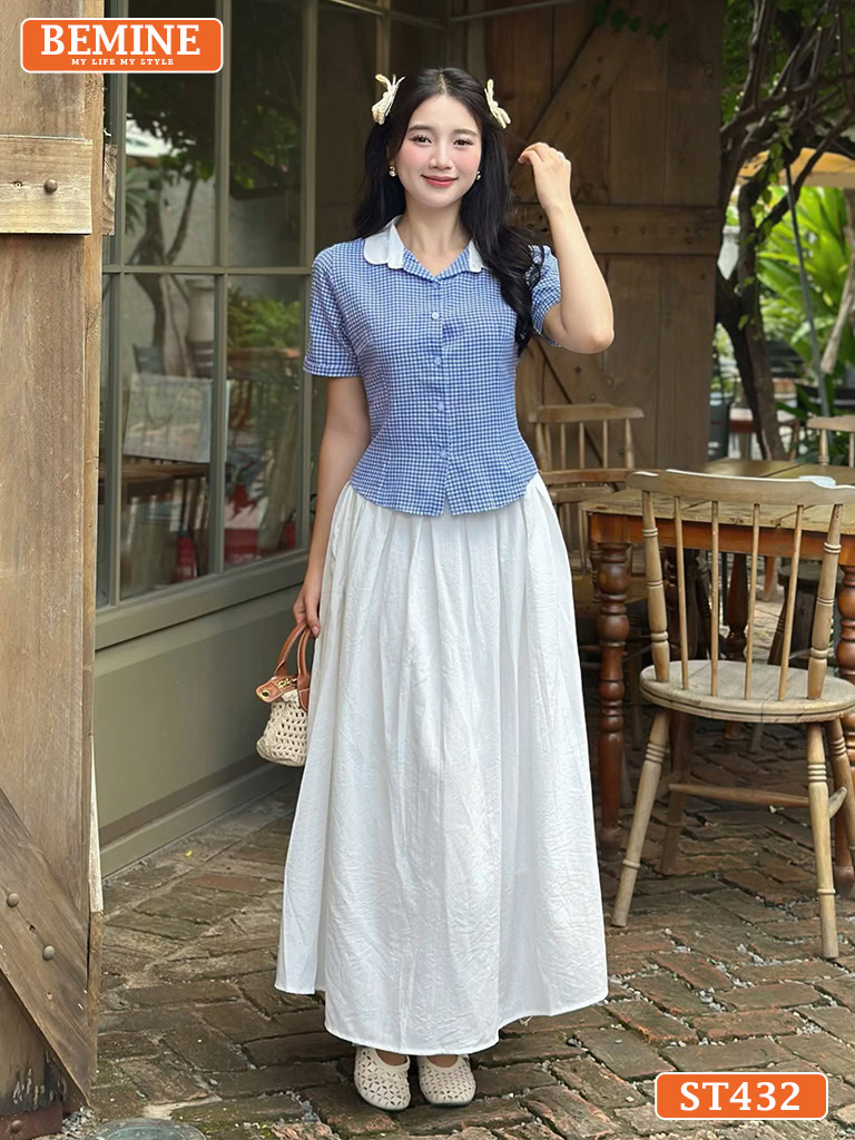 Set BEMINE áo cổ sen đính cúc chân váy xòe ST432