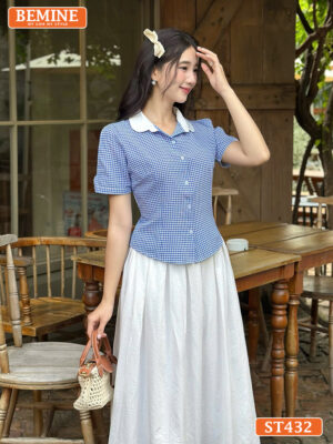 Set BEMINE áo cổ sen đính cúc chân váy xòe ST432