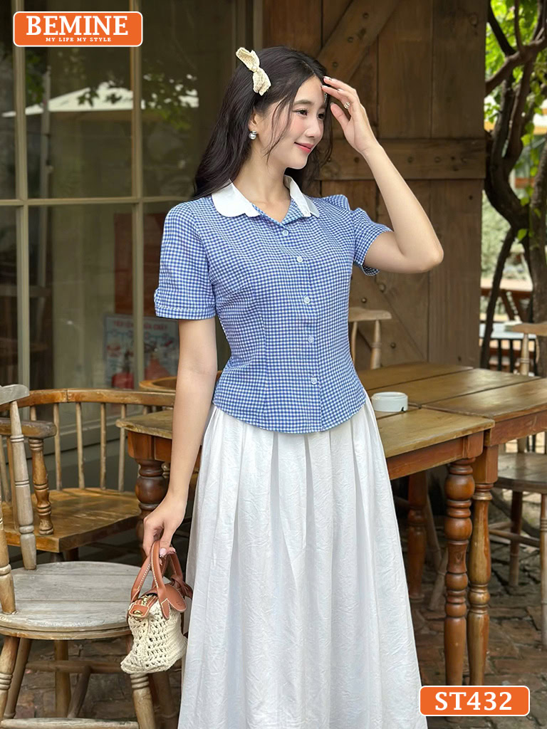 Set BEMINE áo cổ sen đính cúc chân váy xòe ST432