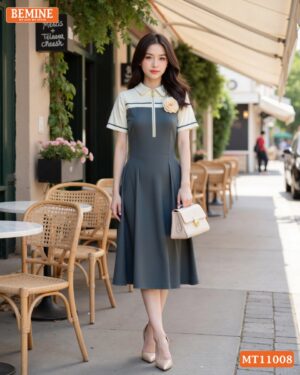 Đầm thiết kế BEMINE cổ sơ mi dây kéo trước MT11008 hình ảnh