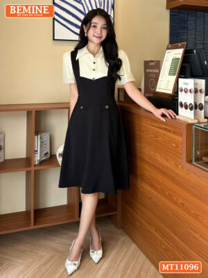 Đầm thiết kế BEMINE cổ sơ mi phối giả yếm MT11096