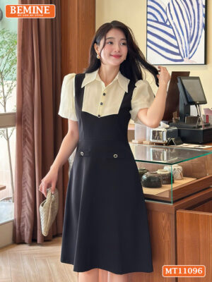 Đầm thiết kế BEMINE cổ sơ mi phối giả yếm MT11096