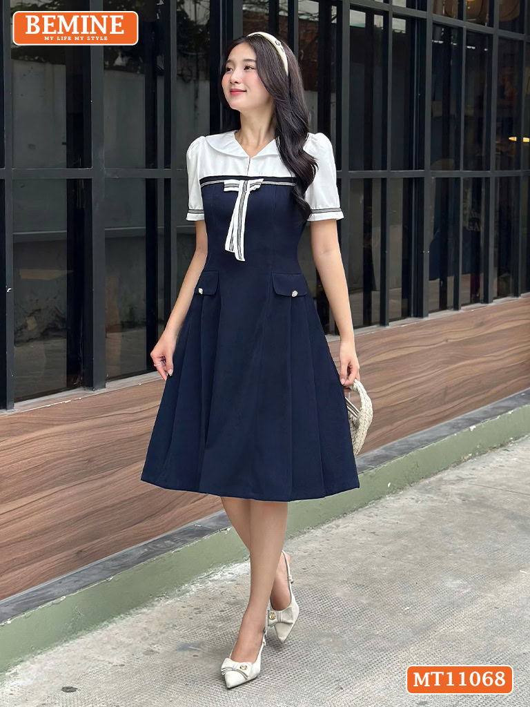Đầm thiết kế BEMINE cổ thủy thủ đính nơ MT11068