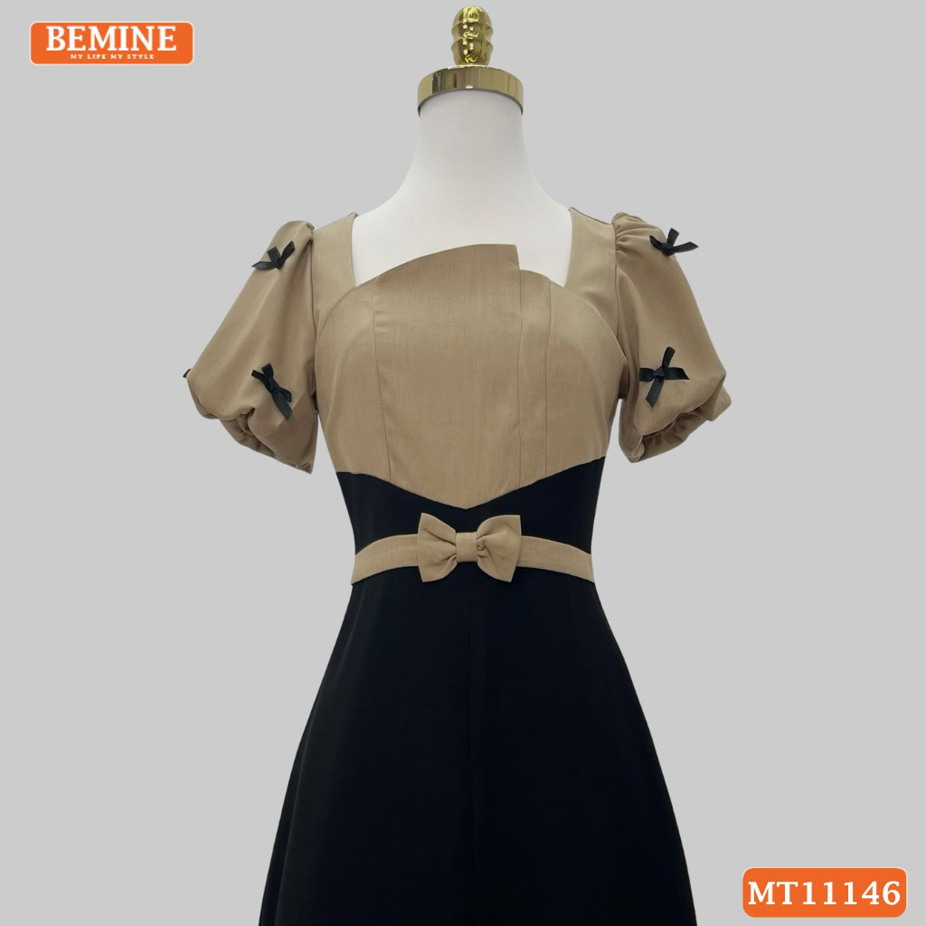 mẫu đầm thiết kế BEMINE cổ vuông đai eo nơ dáng chữ a MT11146 chính là chất liệu cotton Nhật