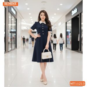 Mẫu đầm công sở BEMINE MT11213 với chi tiết cổ đức chỉn chu, biểu tượng của sự chuyên nghiệp.