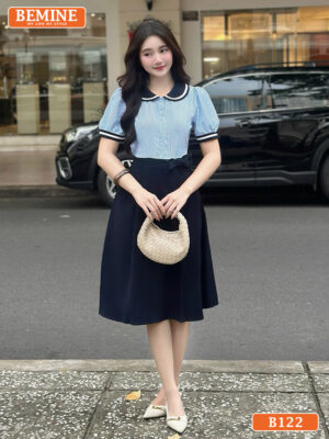 Đầm thiết kế BEMINE cổ sen phối sọc tùng váy B122 hình ảnh