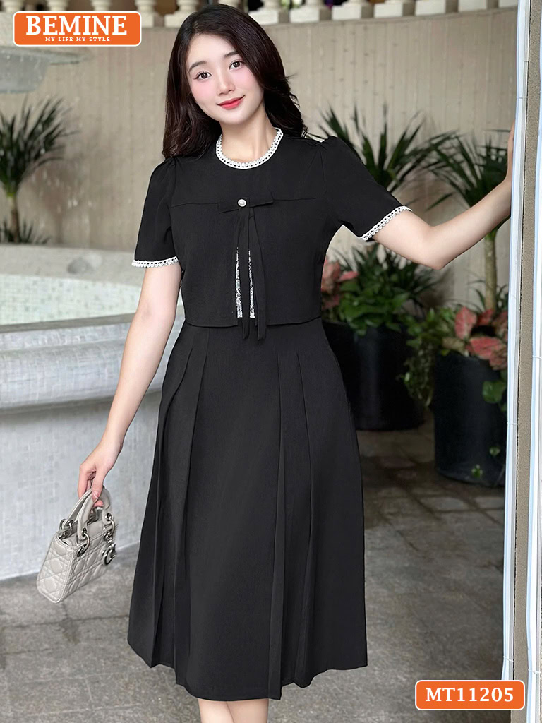 Đầm Thiết Kế BEMINE Cổ Tròn Phối Ren MT11205
