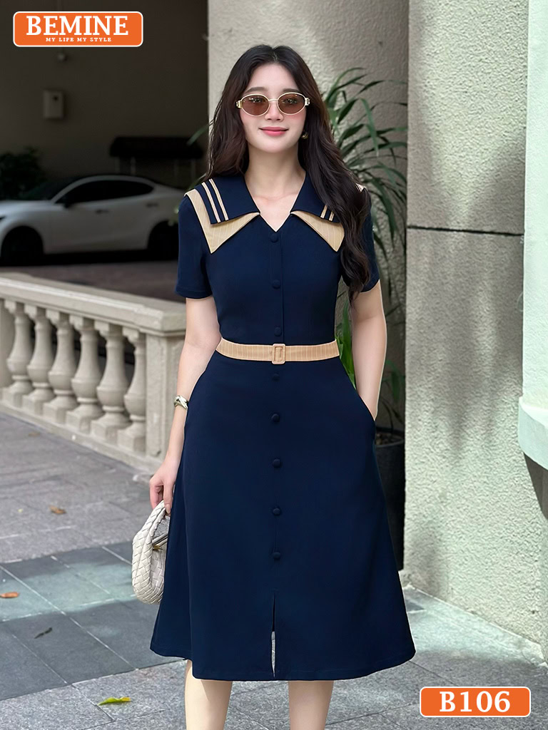 Đầm thiết kế BEMINE cổ V hai lớp phối viền B106