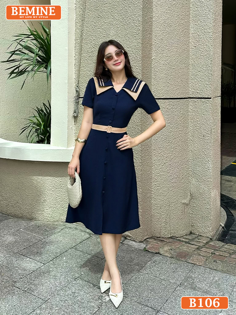 Đầm thiết kế BEMINE cổ V hai lớp phối viền B106