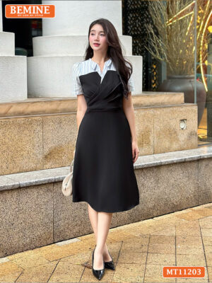 Đầm thiết kế BEMINE cổ V xếp ly ngực MT11203