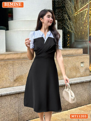 Đầm thiết kế BEMINE cổ V xếp ly ngực MT11203