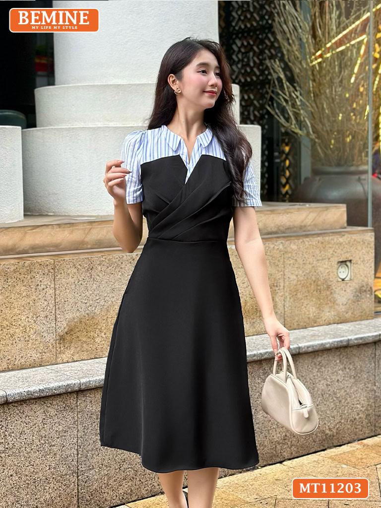Đầm thiết kế BEMINE cổ V xếp ly ngực MT11203