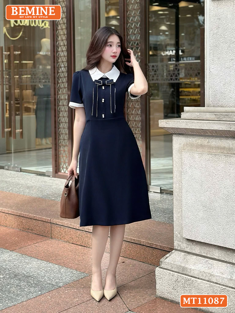 Đầm thiết kế BEMINE cổ đức đính nơ có viền MT11087