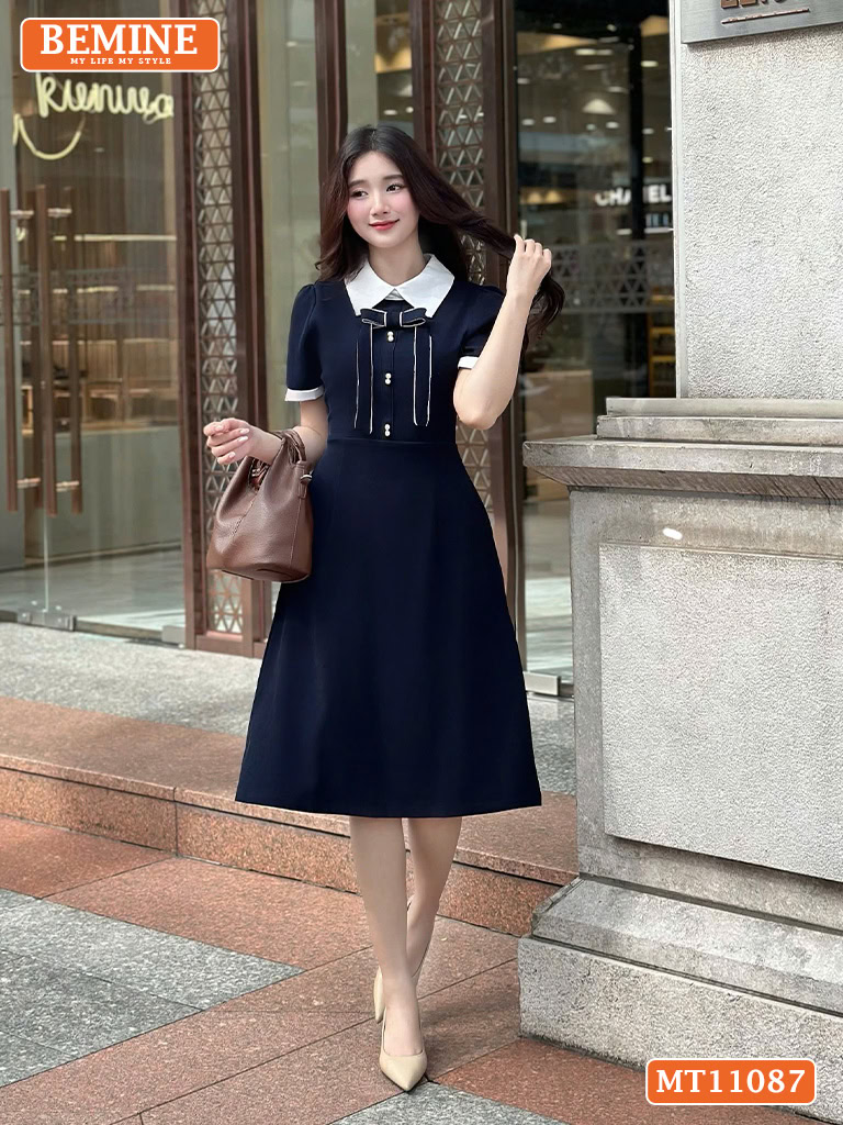 Đầm thiết kế BEMINE cổ đức đính nơ có viền MT11087