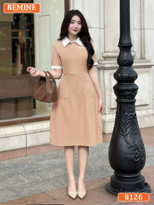 Đầm thiết kế BEMINE cổ đức họa tiết sọc B126