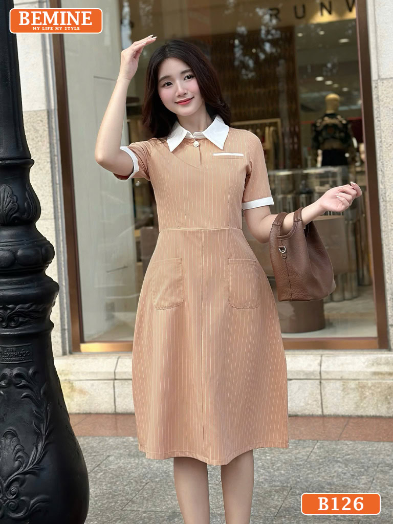 Đầm thiết kế BEMINE cổ đức họa tiết sọc B126