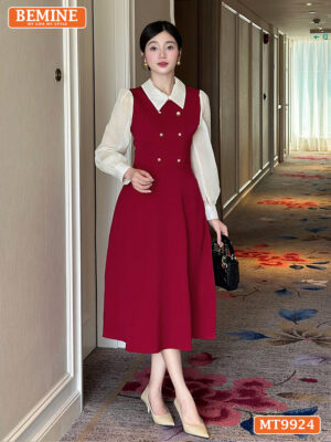 Đầm thiết kế BEMINE cổ đức phối voan có cúc MT9924