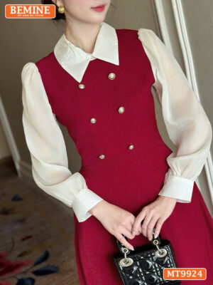 Đầm thiết kế BEMINE cổ đức phối voan có cúc MT9924