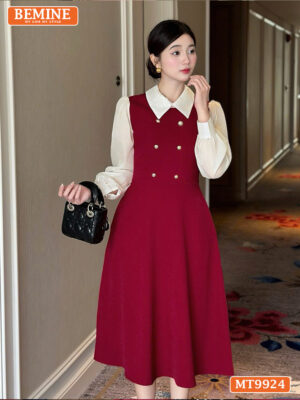Đầm thiết kế BEMINE cổ đức phối voan có cúc MT9924