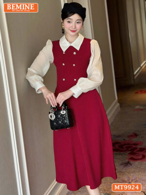 Đầm thiết kế BEMINE cổ đức phối voan có cúc MT9924