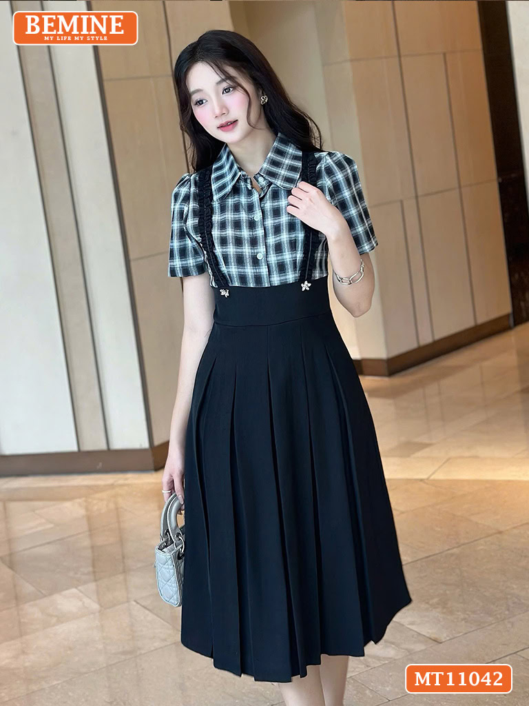 Đầm thiết kế BEMINE cổ phối caro viền bèo MT11042
