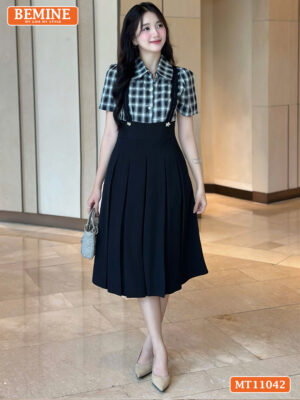 Đầm thiết kế BEMINE cổ phối caro viền bèo MT11042
