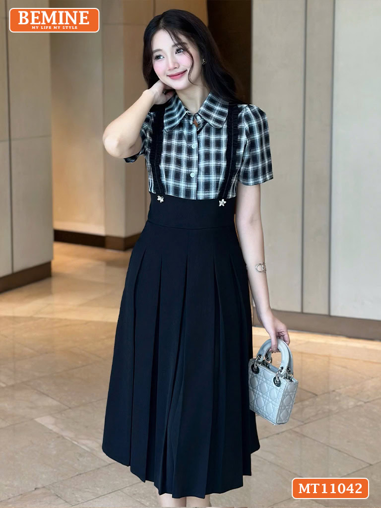 Đầm thiết kế BEMINE cổ phối caro viền bèo MT11042