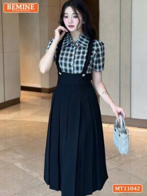 Đầm thiết kế BEMINE cổ phối caro viền bèo MT11042