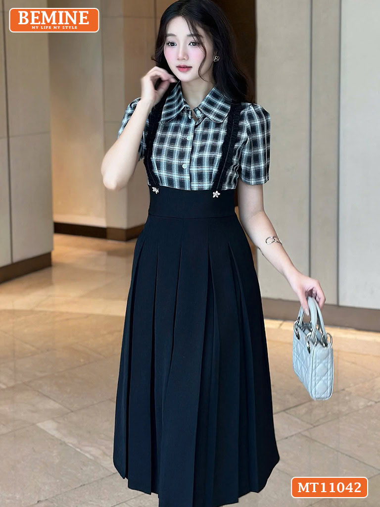 Đầm thiết kế BEMINE cổ phối caro viền bèo MT11042