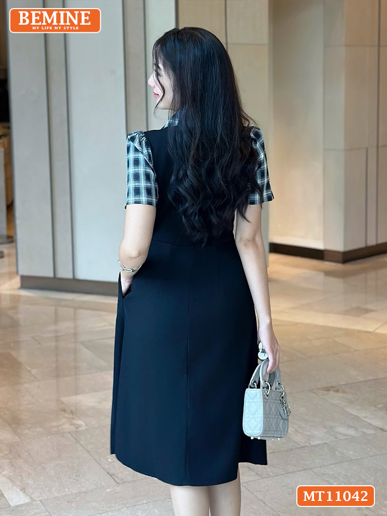 Đầm thiết kế BEMINE cổ phối caro viền bèo MT11042