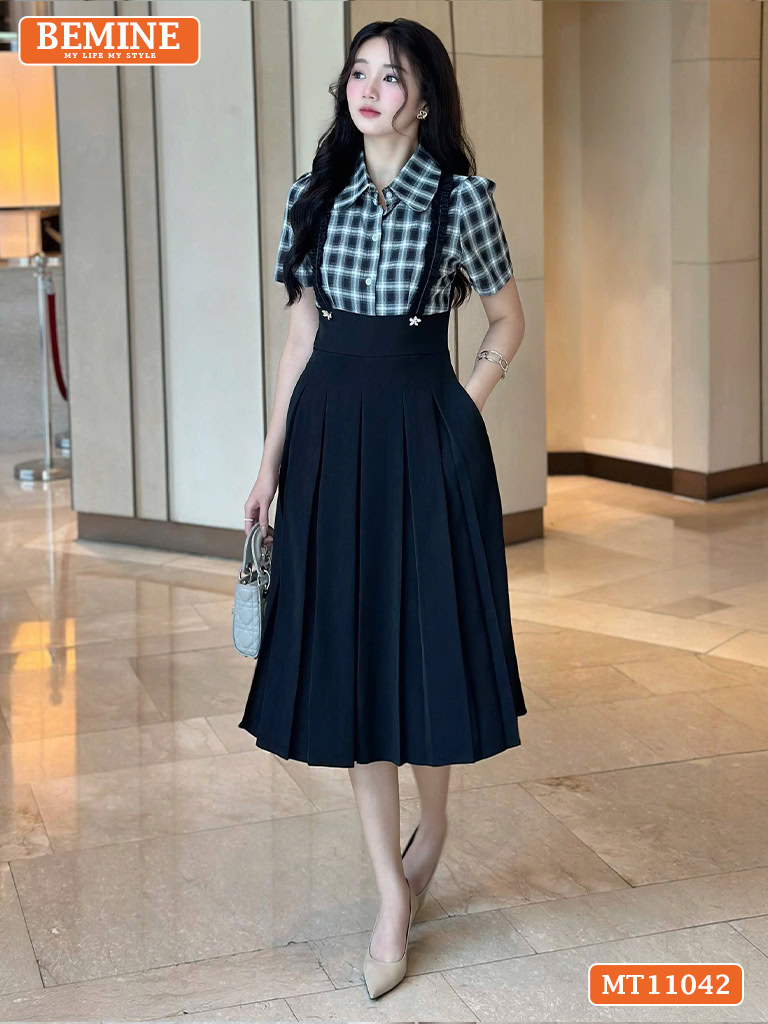 Đầm thiết kế BEMINE cổ phối caro viền bèo MT11042