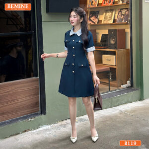 Đầm thiết kế BEMINE cổ phối kẻ sọc dáng chữ A B119