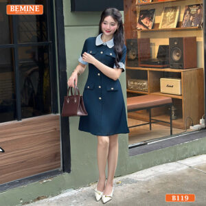 Đầm thiết kế BEMINE cổ phối kẻ sọc dáng chữ A B119