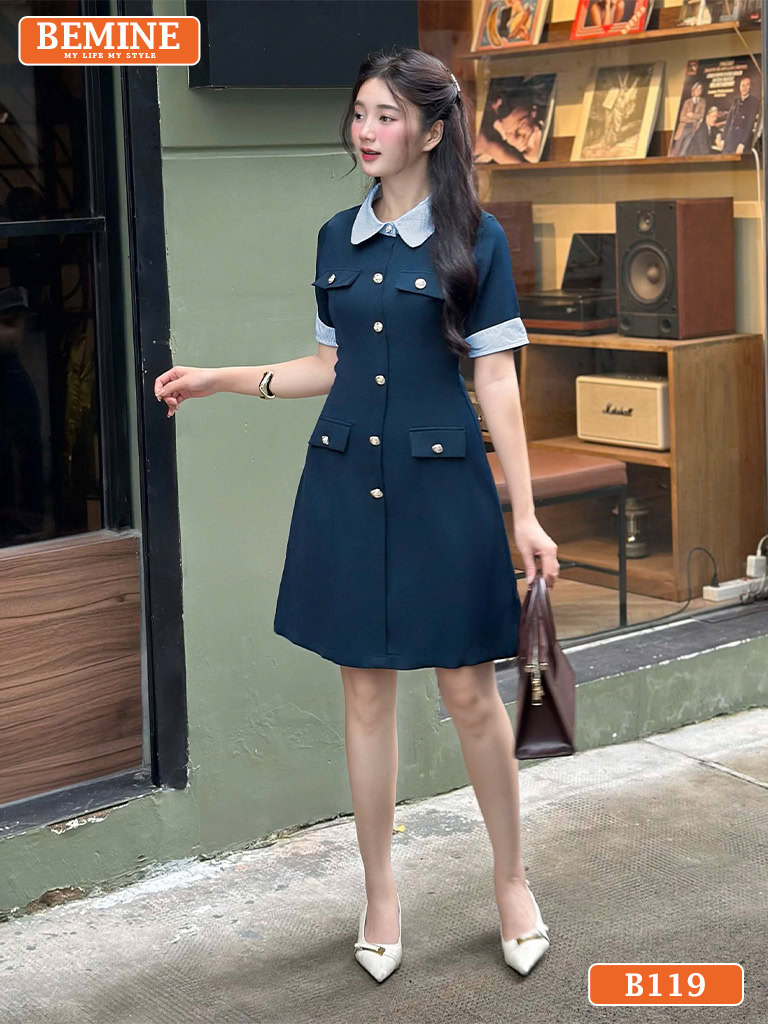 Đầm thiết kế BEMINE cổ phối kẻ sọc dáng chữ A B119