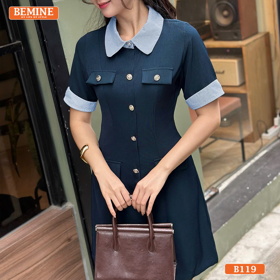 Đầm thiết kế BEMINE cổ phối kẻ sọc dáng chữ A B119