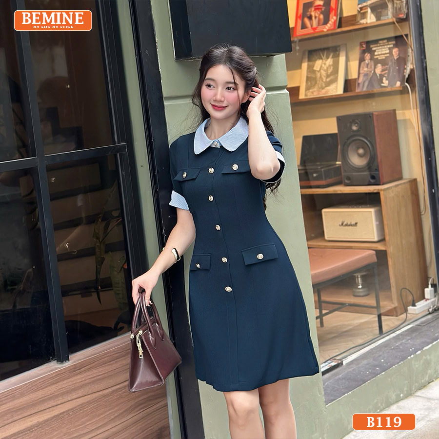 Đầm thiết kế BEMINE cổ phối kẻ sọc dáng chữ A B119