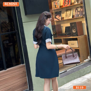 Đầm thiết kế BEMINE cổ phối kẻ sọc dáng chữ A B119