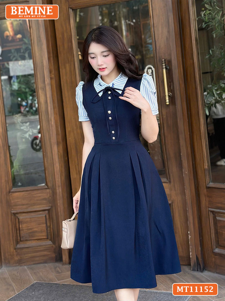 Đầm thiết kế BEMINE cổ phối sọc đính nơ MT11152