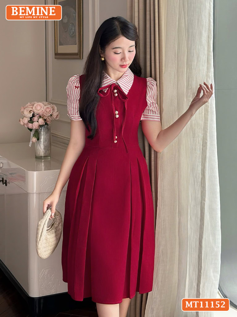 Đầm thiết kế BEMINE cổ phối sọc đính nơ MT11152