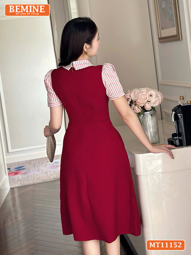 Đầm thiết kế BEMINE cổ phối sọc đính nơ MT11152