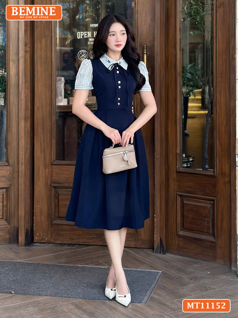 Đầm thiết kế BEMINE cổ phối sọc đính nơ MT11152