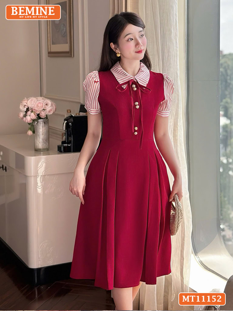 Đầm thiết kế BEMINE cổ phối sọc đính nơ MT11152