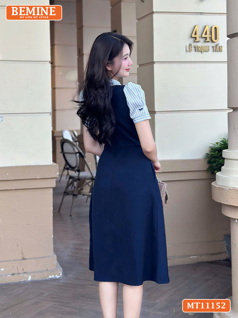 Đầm thiết kế BEMINE cổ phối sọc đính nơ MT11152