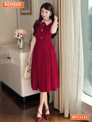 Đầm thiết kế BEMINE cổ phối sọc đính nơ MT11152