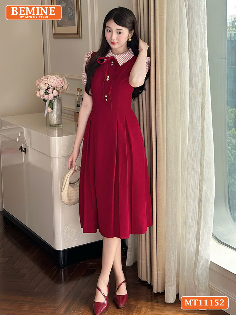 Đầm thiết kế BEMINE cổ phối sọc đính nơ MT11152